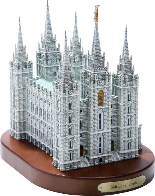 Model of a Salt Lake Temple on a wooden base with a white background