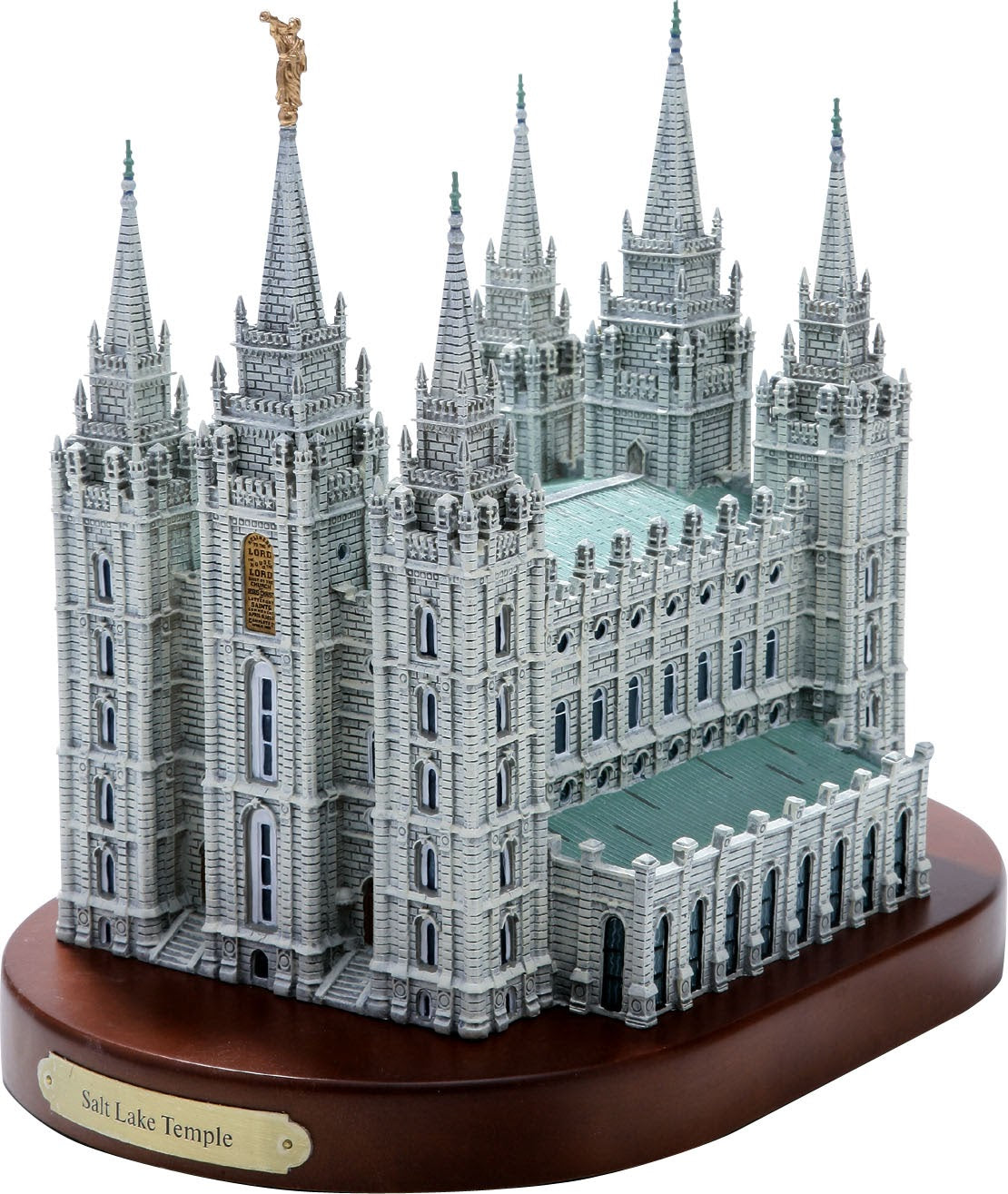 Model of the Salt Lake Temple on a wooden base with a white background