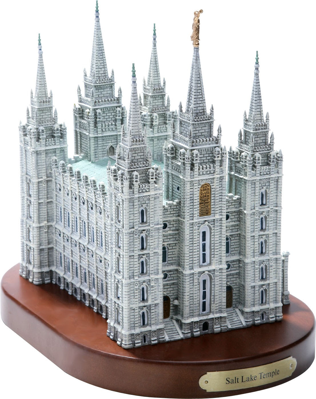 Model of a Salt Lake Temple on a wooden base with a white background