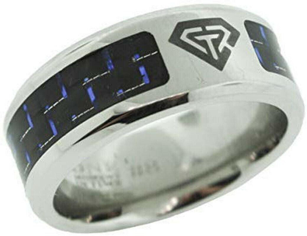 Super Silver Stainless Steel CTR Ring with Blue Carbon Fiber Inlay